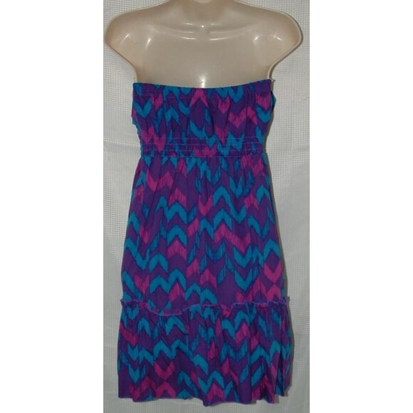 LIKE NEW Multicolored Sz Jr Small 3/5 Strapless Cotton Ruffled Sun Mini Dress OP - Picture 3 of 4
